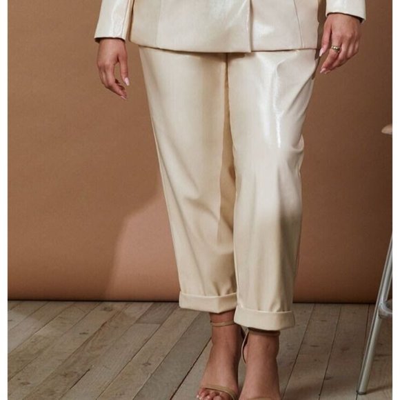 Eloquii Pants - Patent Faux Leather Pants Tan Beige Shiny Loose Belted Tie Paper Bag Waist